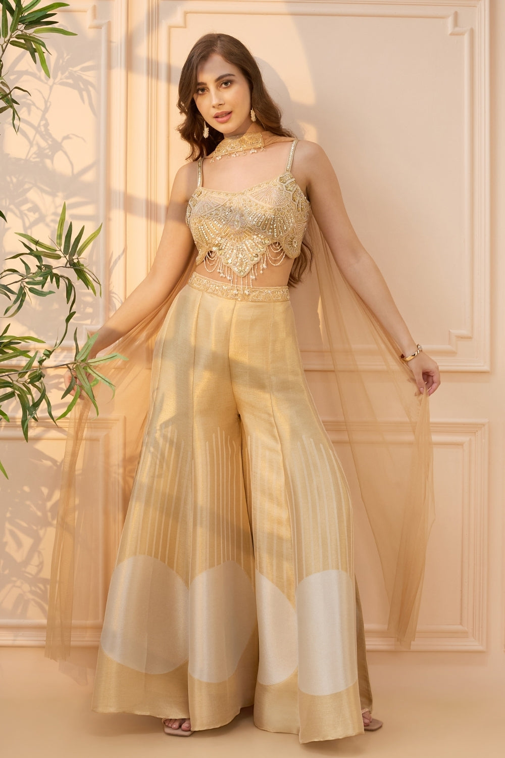 Golden Banarsi Silk Palazzo Set with Cutdana and Moti Work