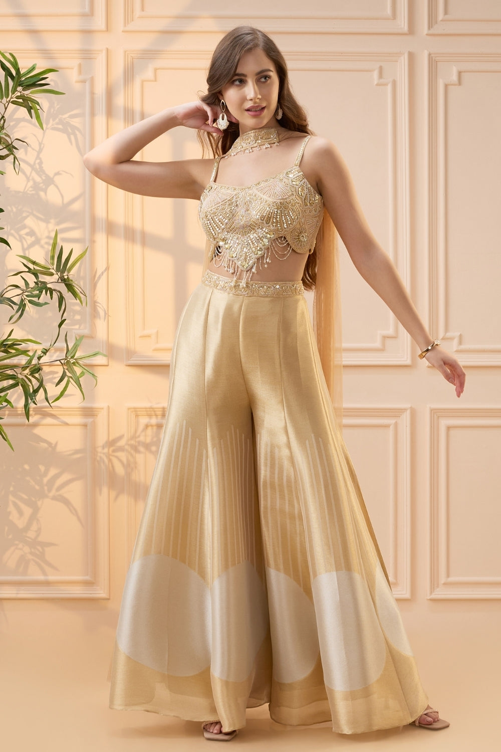 Golden Banarsi Silk Palazzo Set with Cutdana and Moti Work