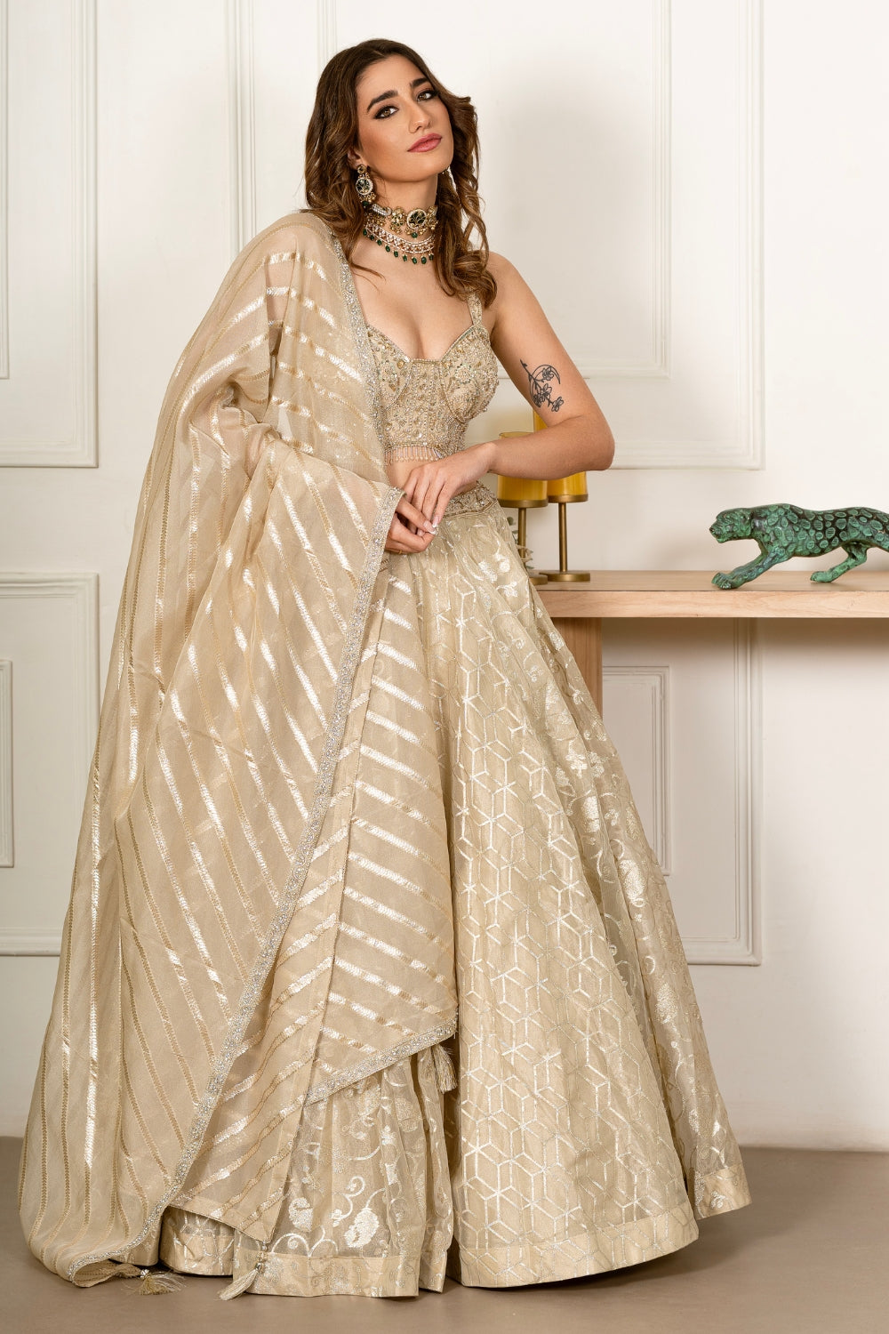 Golden Chanderi Silk Lehenga Choli with Beads and Cutdana Work
