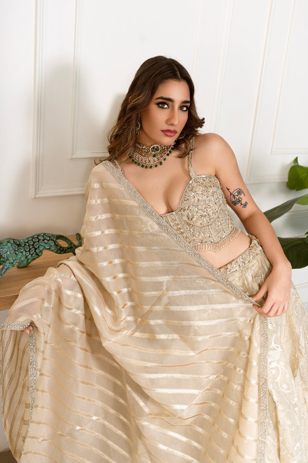 Golden Chanderi Silk Lehenga Choli with Beads and Cutdana Work