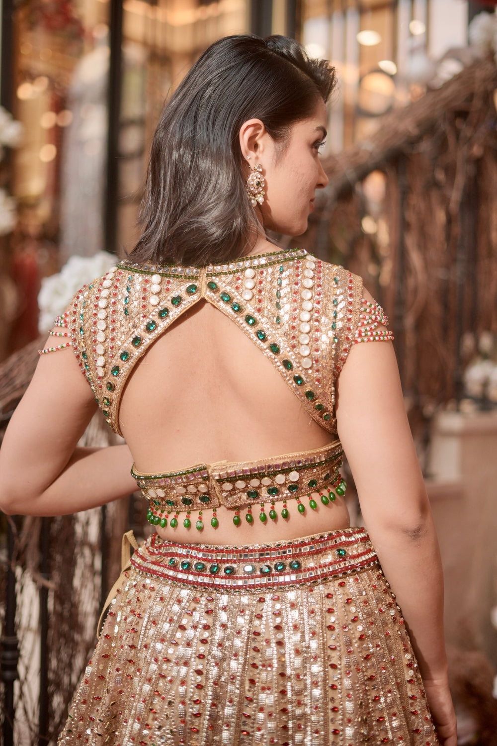 Golden Organza Lehenga Choli with Cystal Beads and Cutdana Work