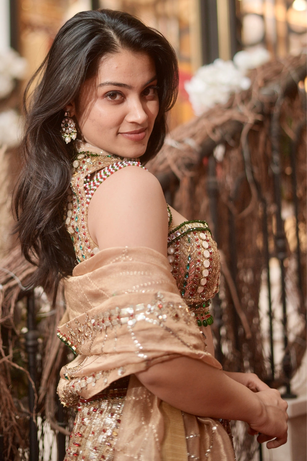 Golden Organza Lehenga Choli with Cystal Beads and Cutdana Work