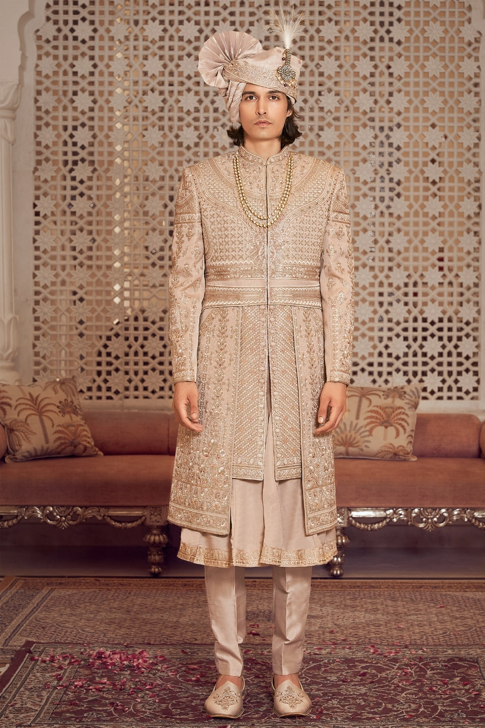 Golden Silk Sherwani with Moti and Sequins Work