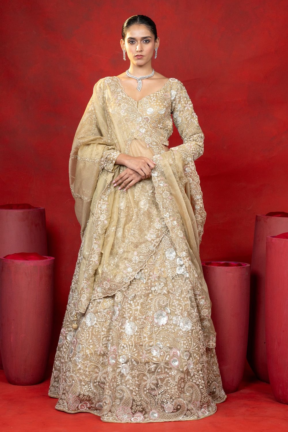 Golden Tissue Lehenga Choli Set with Cutdana and Sequins Work