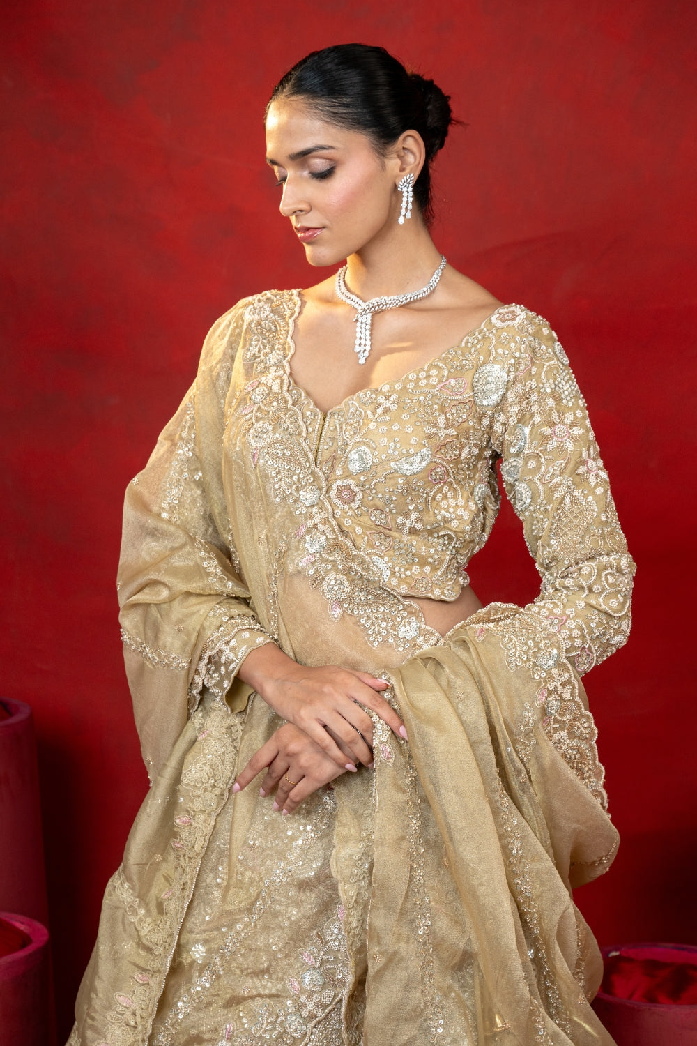 Golden Tissue Lehenga Choli Set with Cutdana and Sequins Work