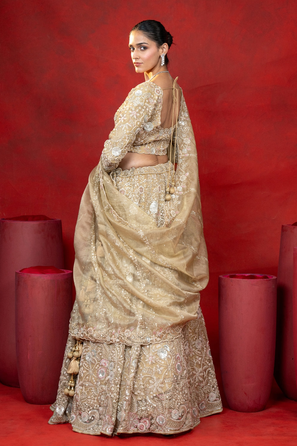 Golden Tissue Lehenga Choli Set with Cutdana and Sequins Work