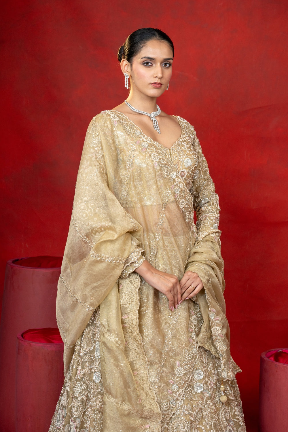 Golden Tissue Lehenga Choli Set with Cutdana and Sequins Work