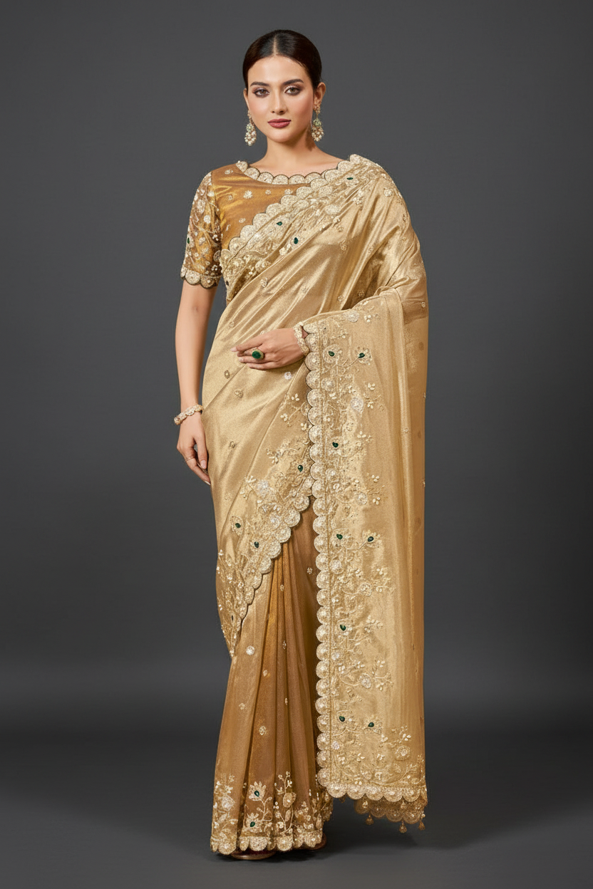Golden Tissue Silk Saree with Sequins and Moti Work