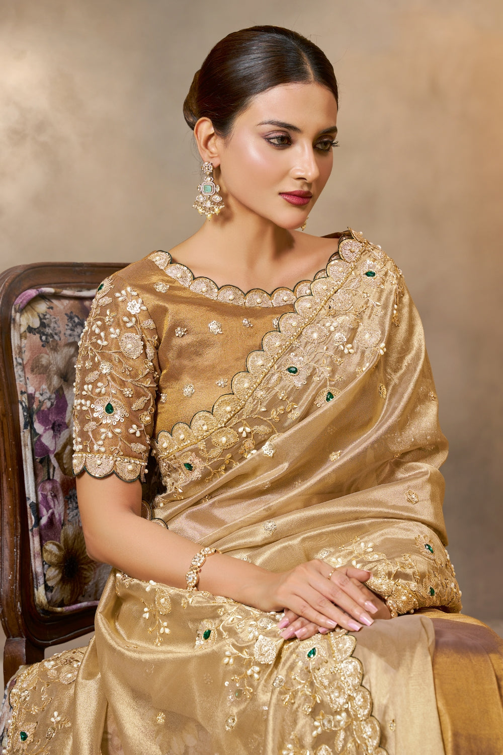 Golden Tissue Silk Saree with Sequins and Moti Work