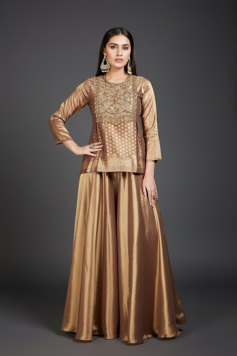 Golden Tissue Shimmer Suit With Zardosi Work