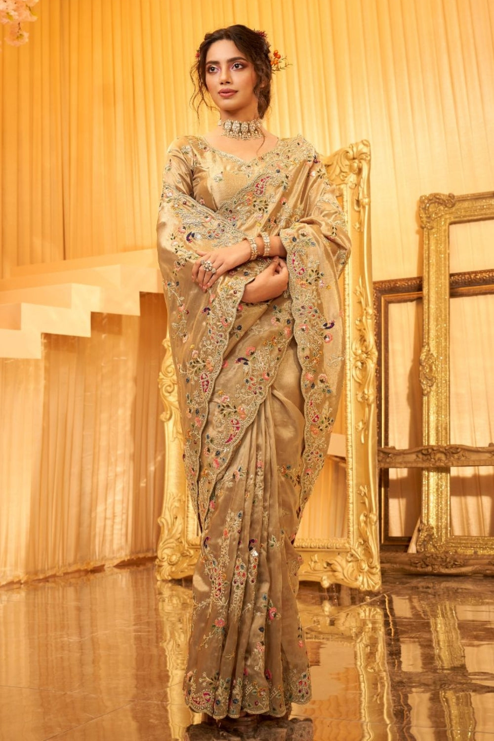 Golden Viscose Silk Saree with Cutdana and Sequins Work