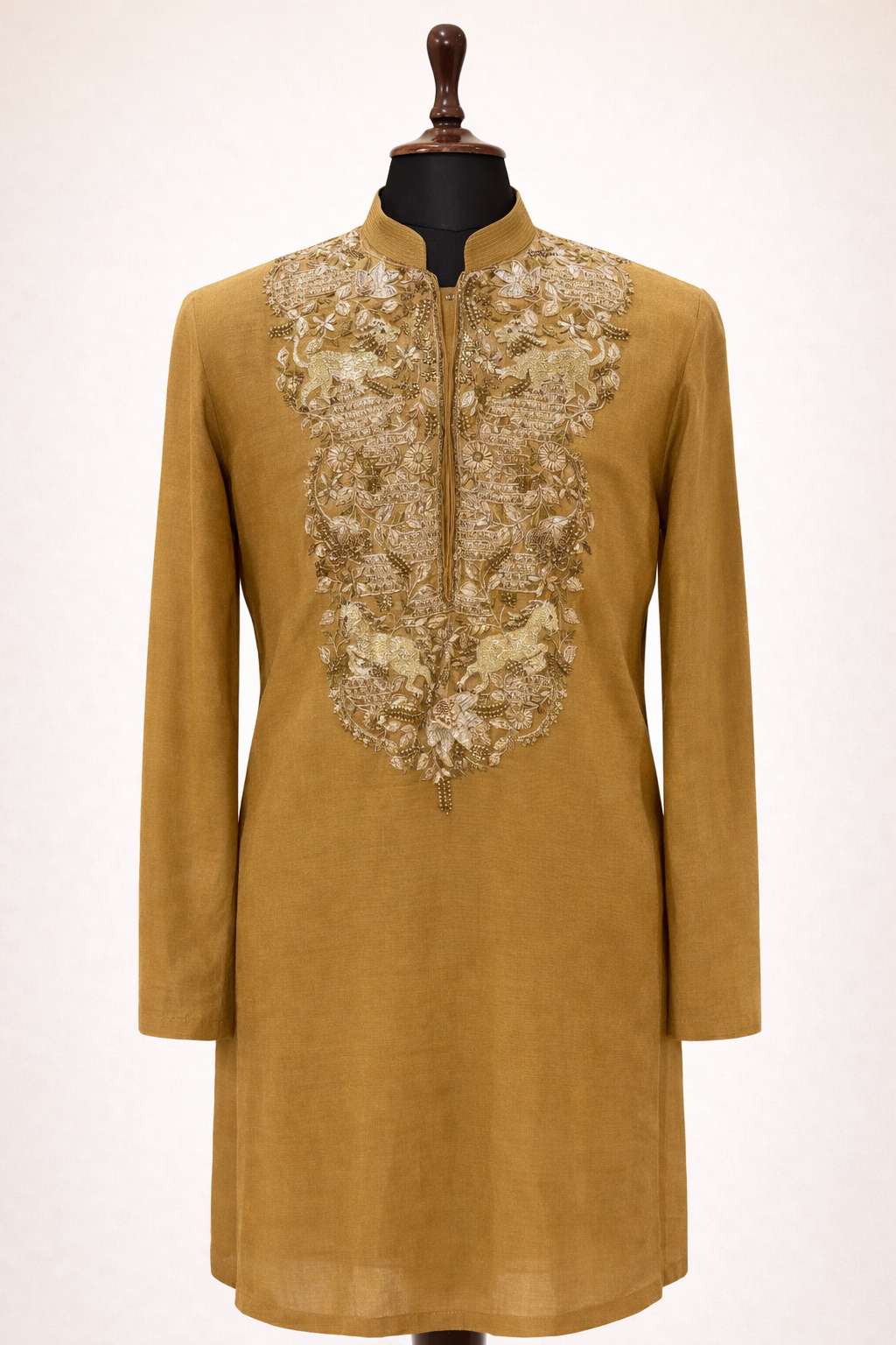Golden Tissue Silk Kurta Set with Zardosi and Moti Work
