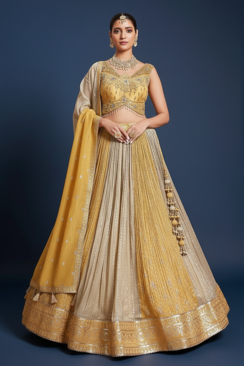Golden and Beige Tissue Sequin Worked Designer Lehenga