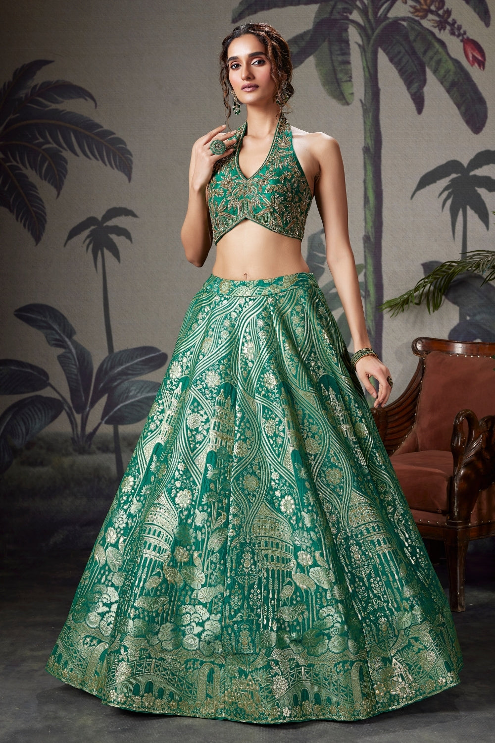 Green Banarasi Silk Lehenga Set with Cutdana and Moti Work