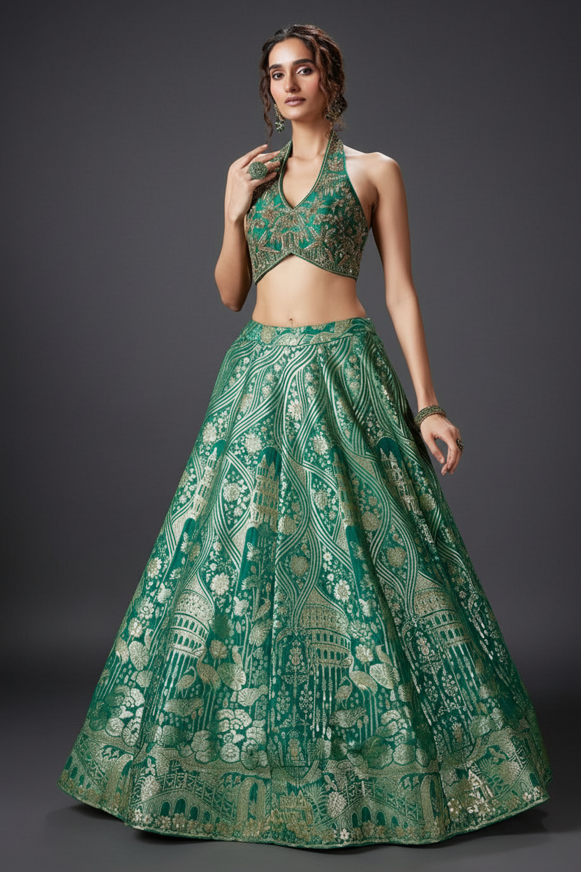 Green Banarasi Silk Lehenga Set with Cutdana and Moti Work
