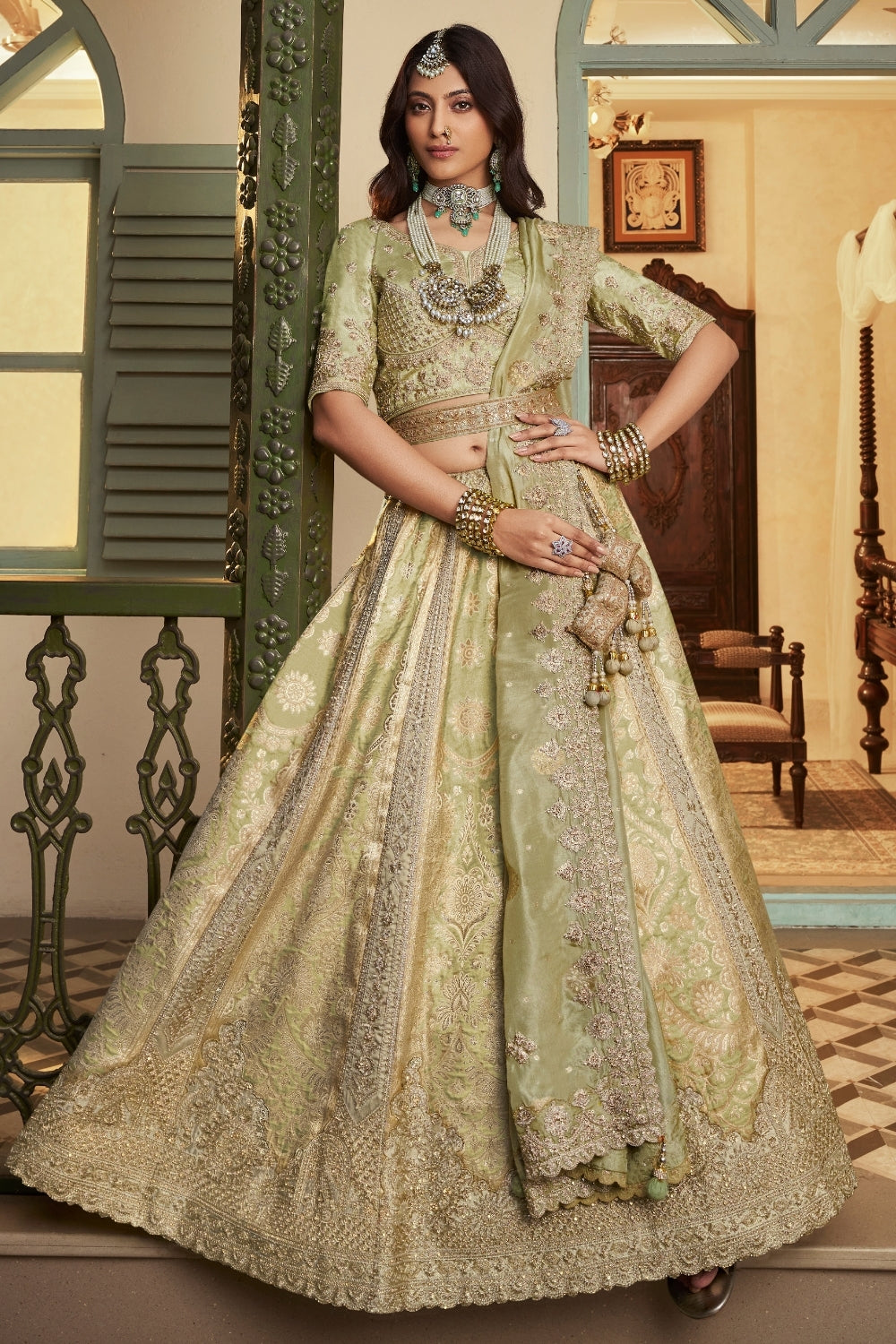 Green Banarasi Silk Lehenga Set with Embroidery and Stone Work