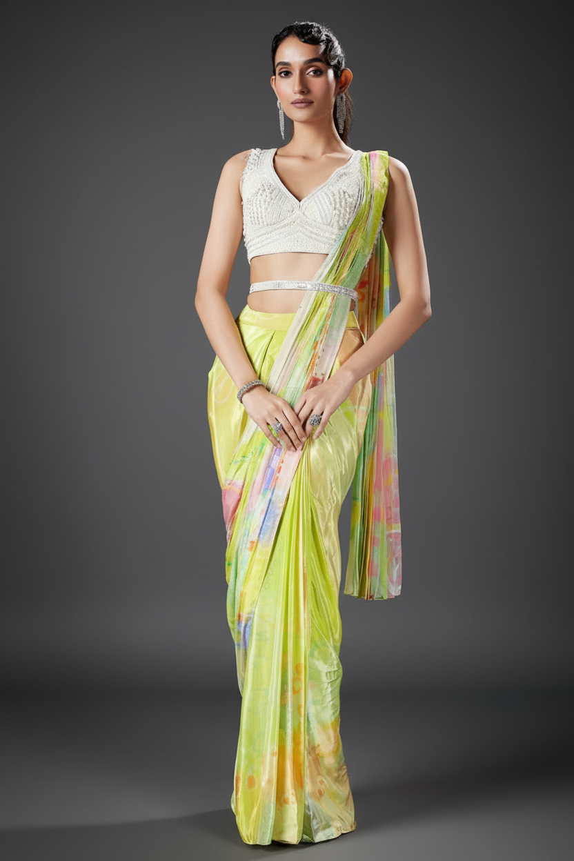 Green Crape Silk Drape Saree with Cutdana and Beads