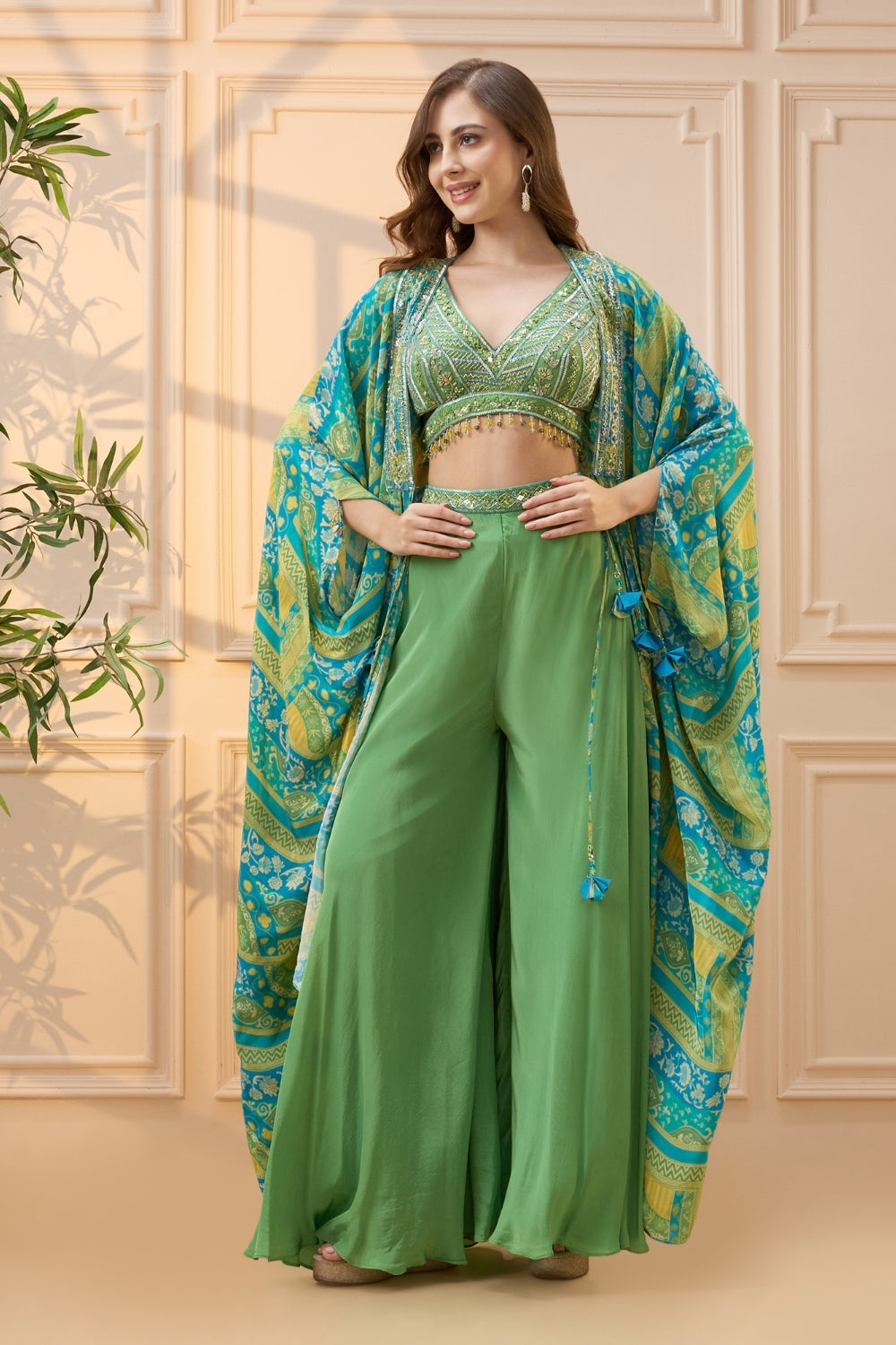 Green Crepe Silk Palazzo Set with Cutdana and Moti Work