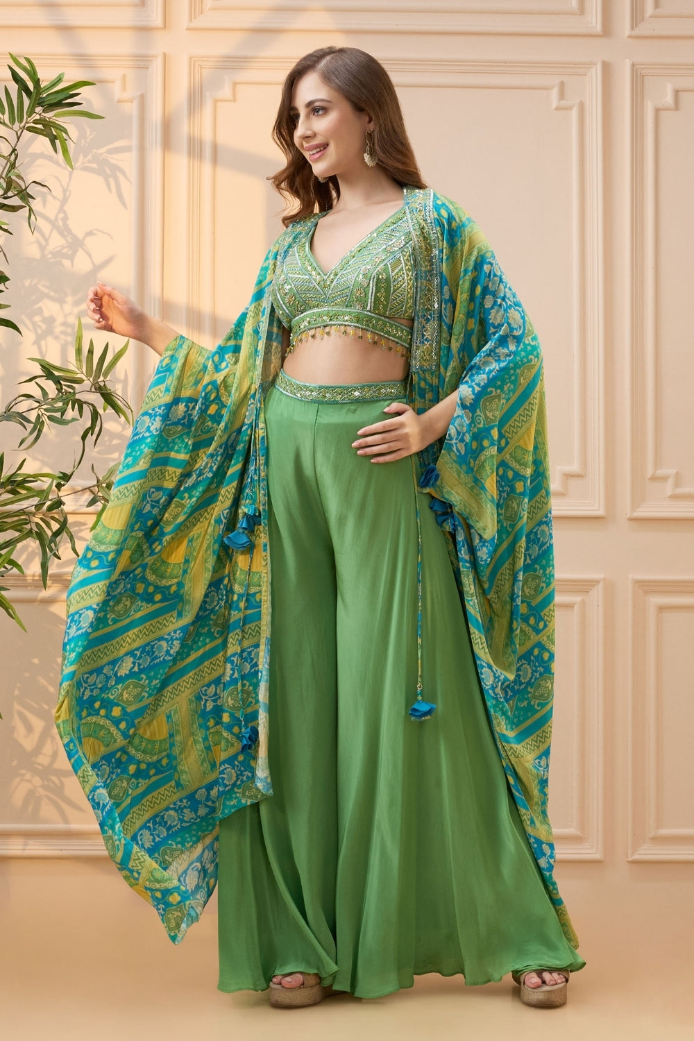 Green Crepe Silk Palazzo Set with Cutdana and Moti Work