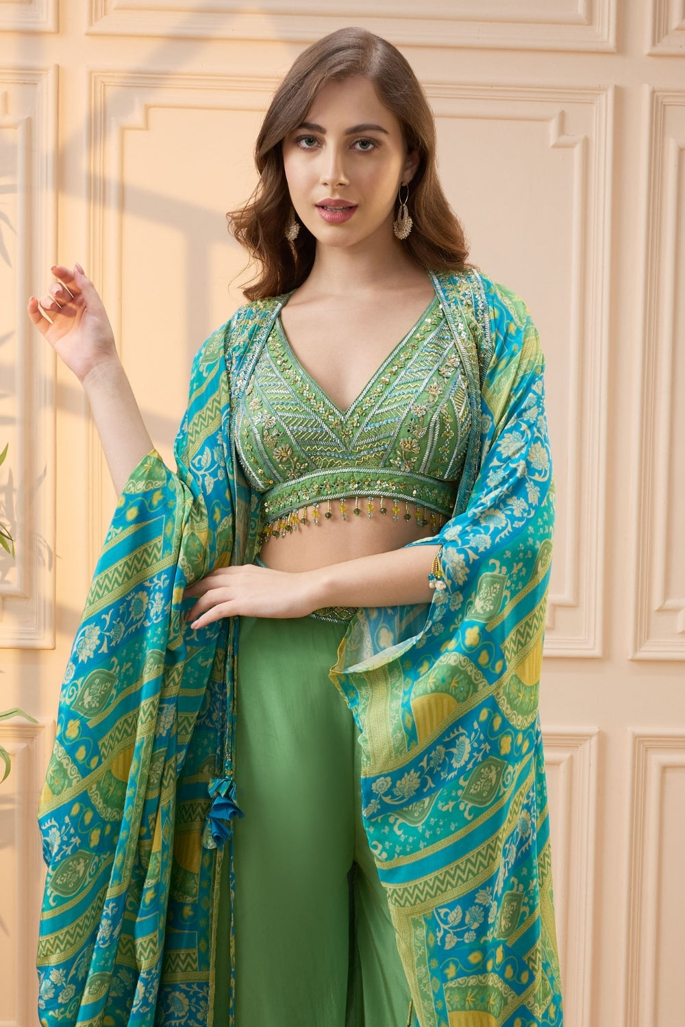 Green Crepe Silk Palazzo Set with Cutdana and Moti Work
