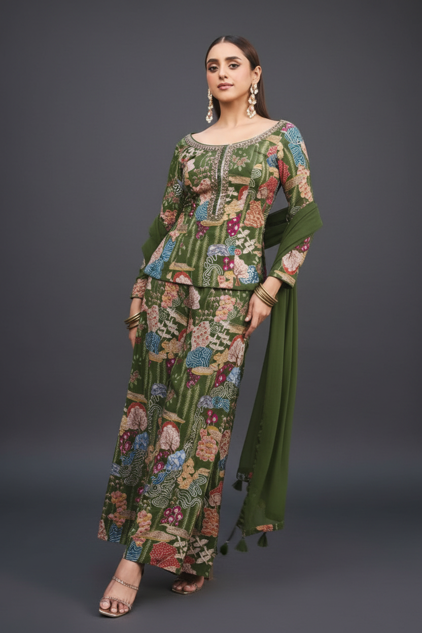 Green Crepe Silk Peplum Set with Handwork