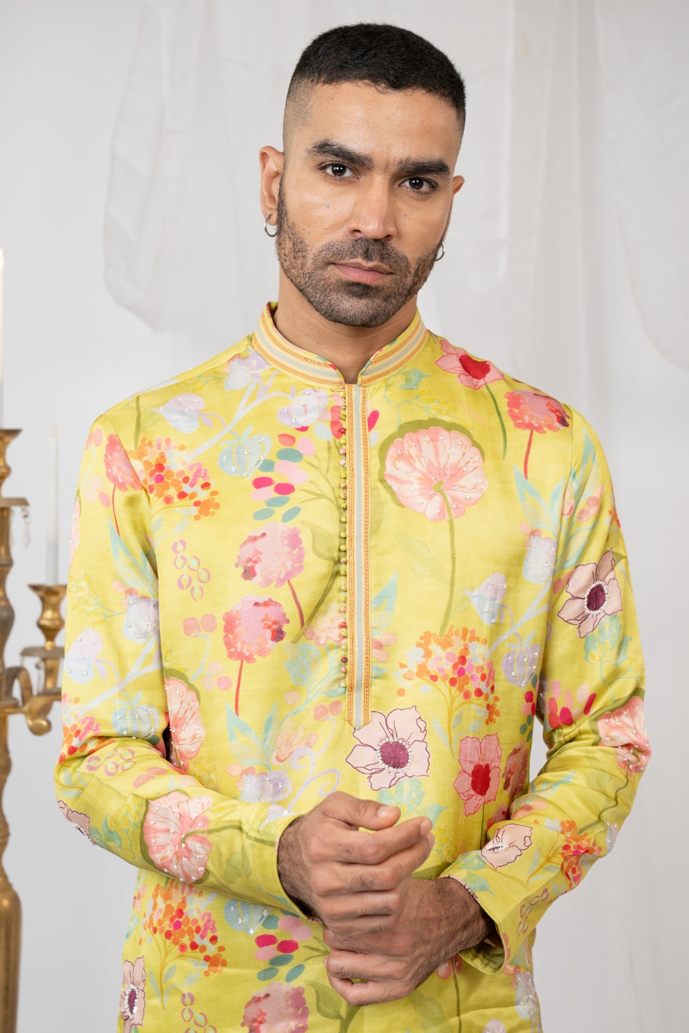 Green Crepe Silk Printed Kurta Set with Moti and Sequins Work