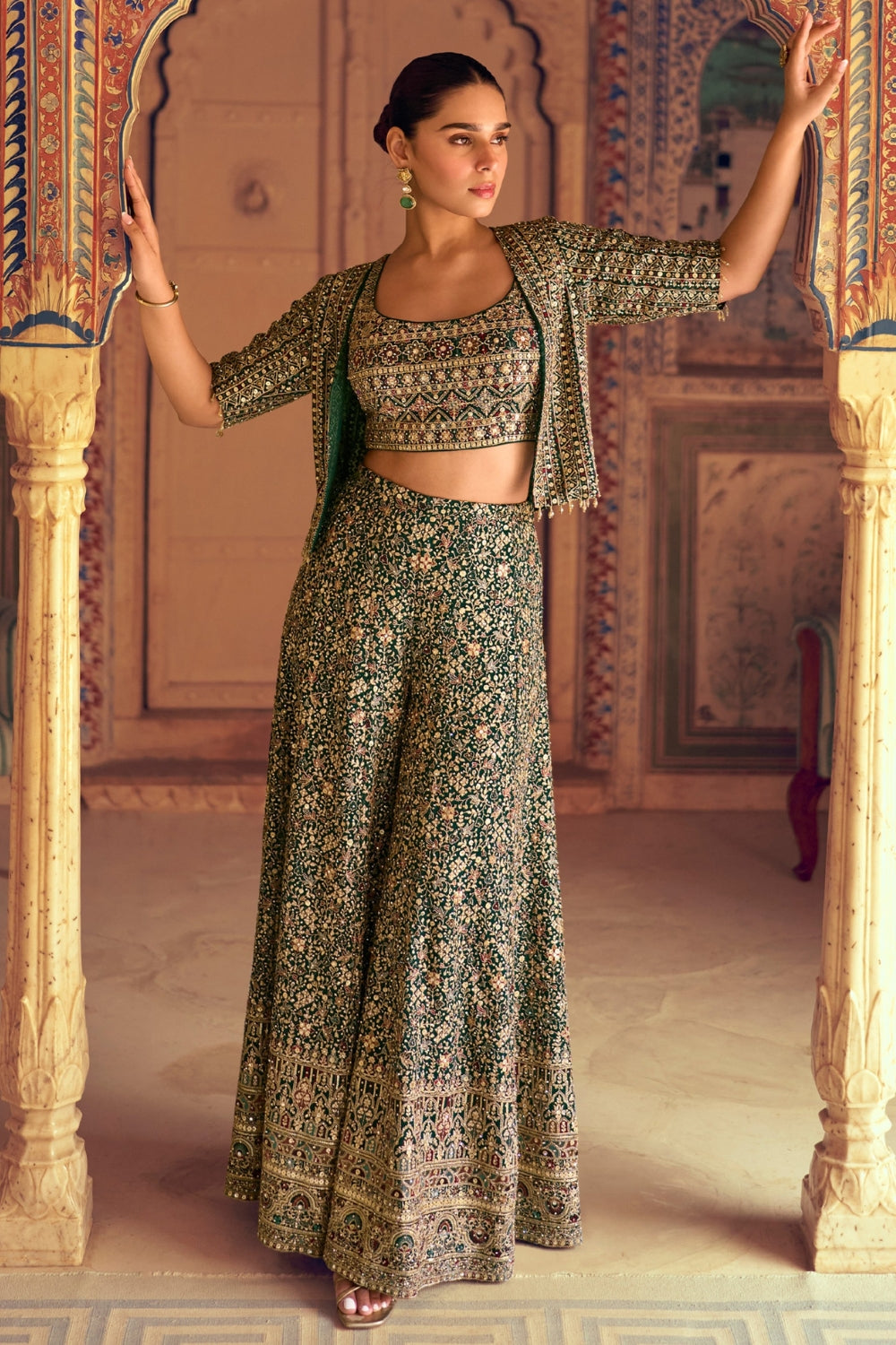 Green Georgette Indo Western with Mirror and Sequins Work