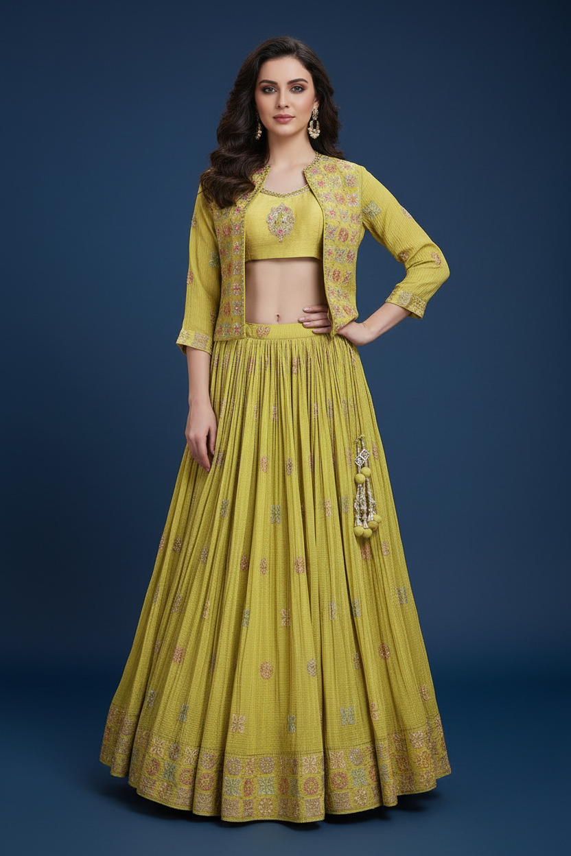 Green Georgette Lehenga Choli with Resham and Stone Work