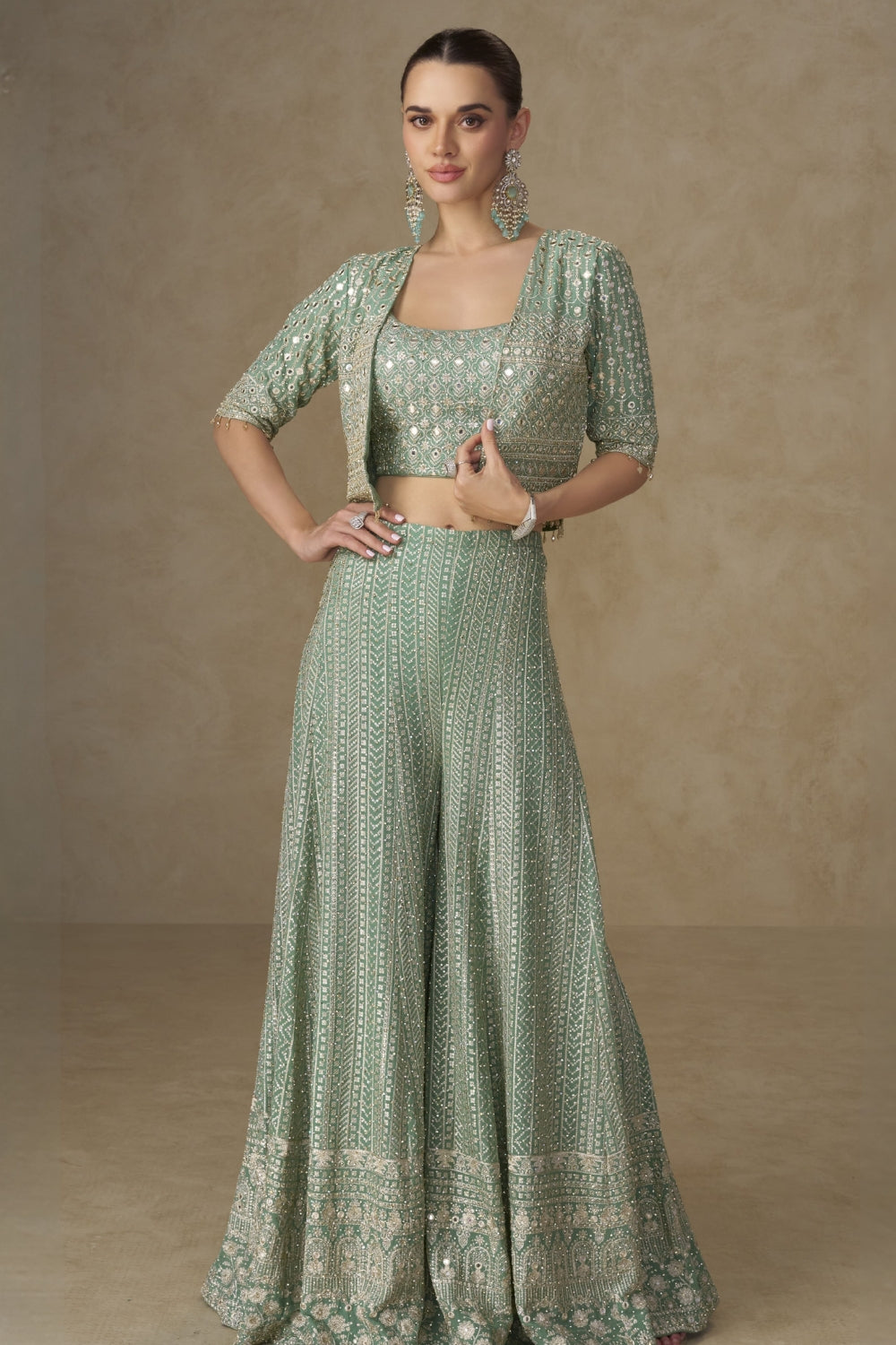 Green Georgette Palazzo Set with Embroidery and Sequins Work