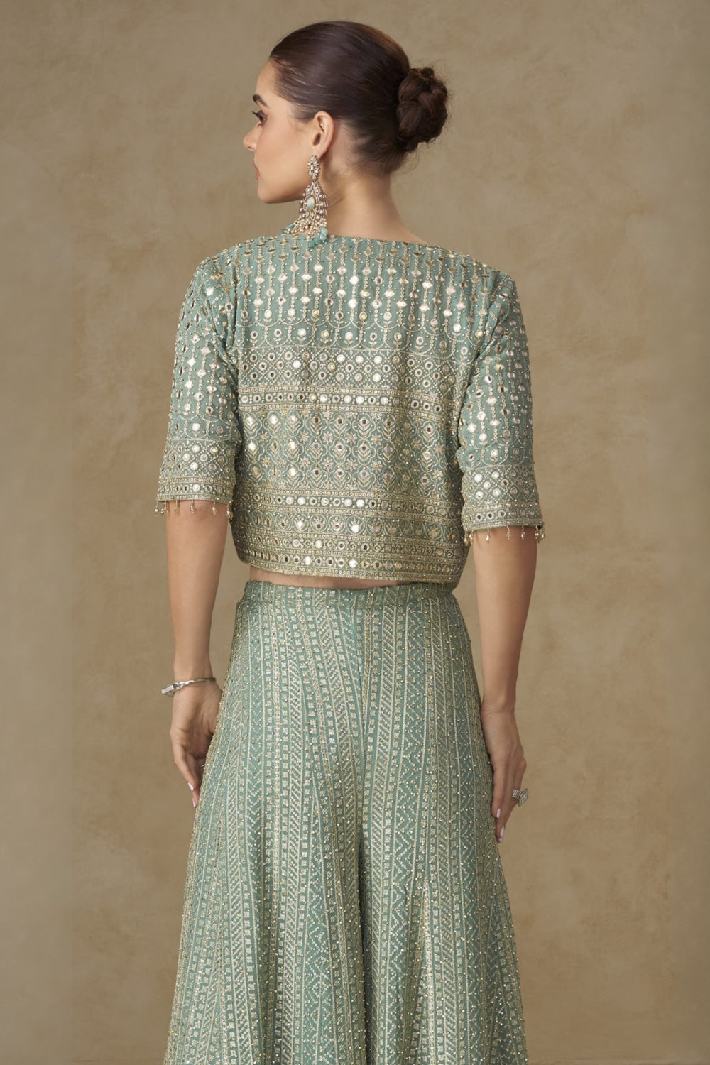 Green Georgette Palazzo Set with Embroidery and Sequins Work