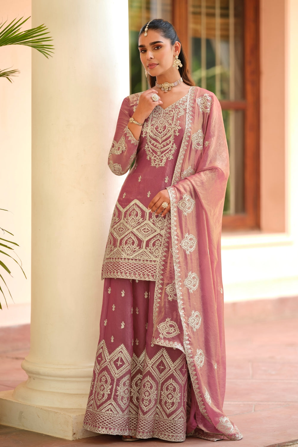 Silk Palazzo Set with Embroidery and Sequins Work