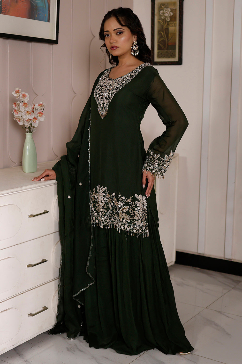 Green Georgette Sharara Set with Silver Gota Patti & Embroidery