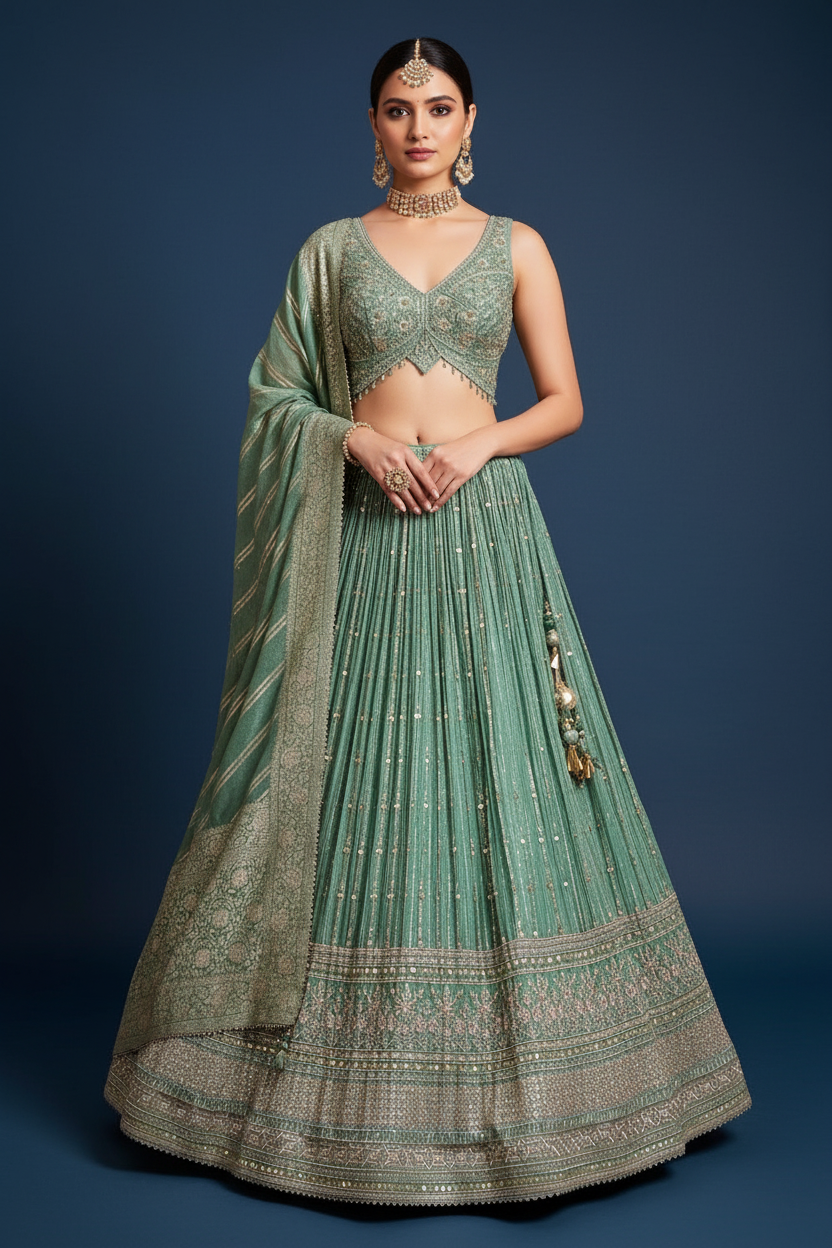 Green Sheen Chinon Sequin and Zari Embroidered Flared Lehenga