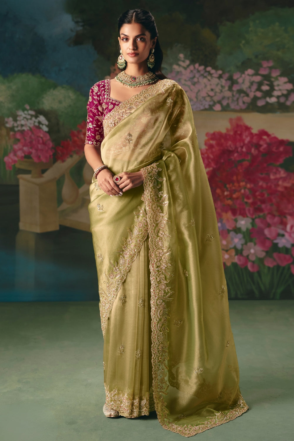 Green Silk Saree with Cutdana and Moti Work