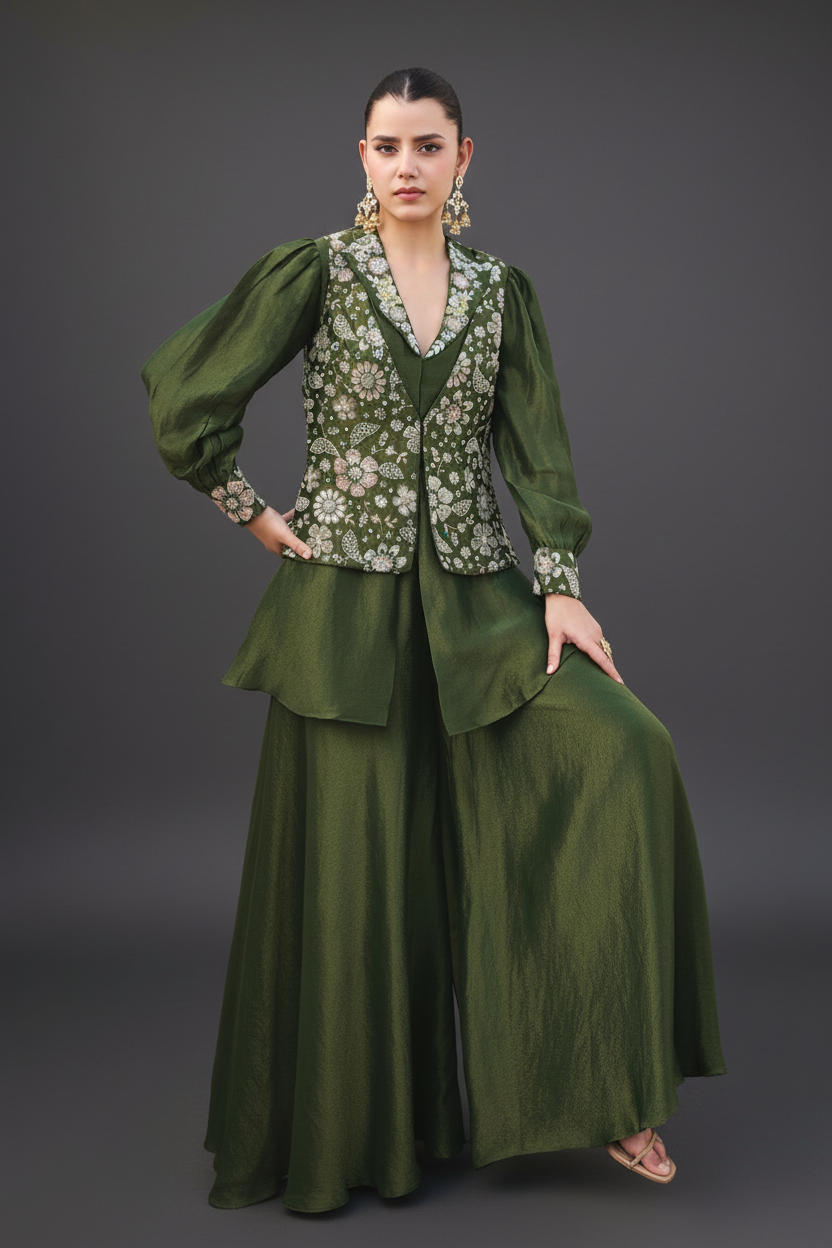 Green Tissue Embellished Co-Ord Set with Puff Sleeves