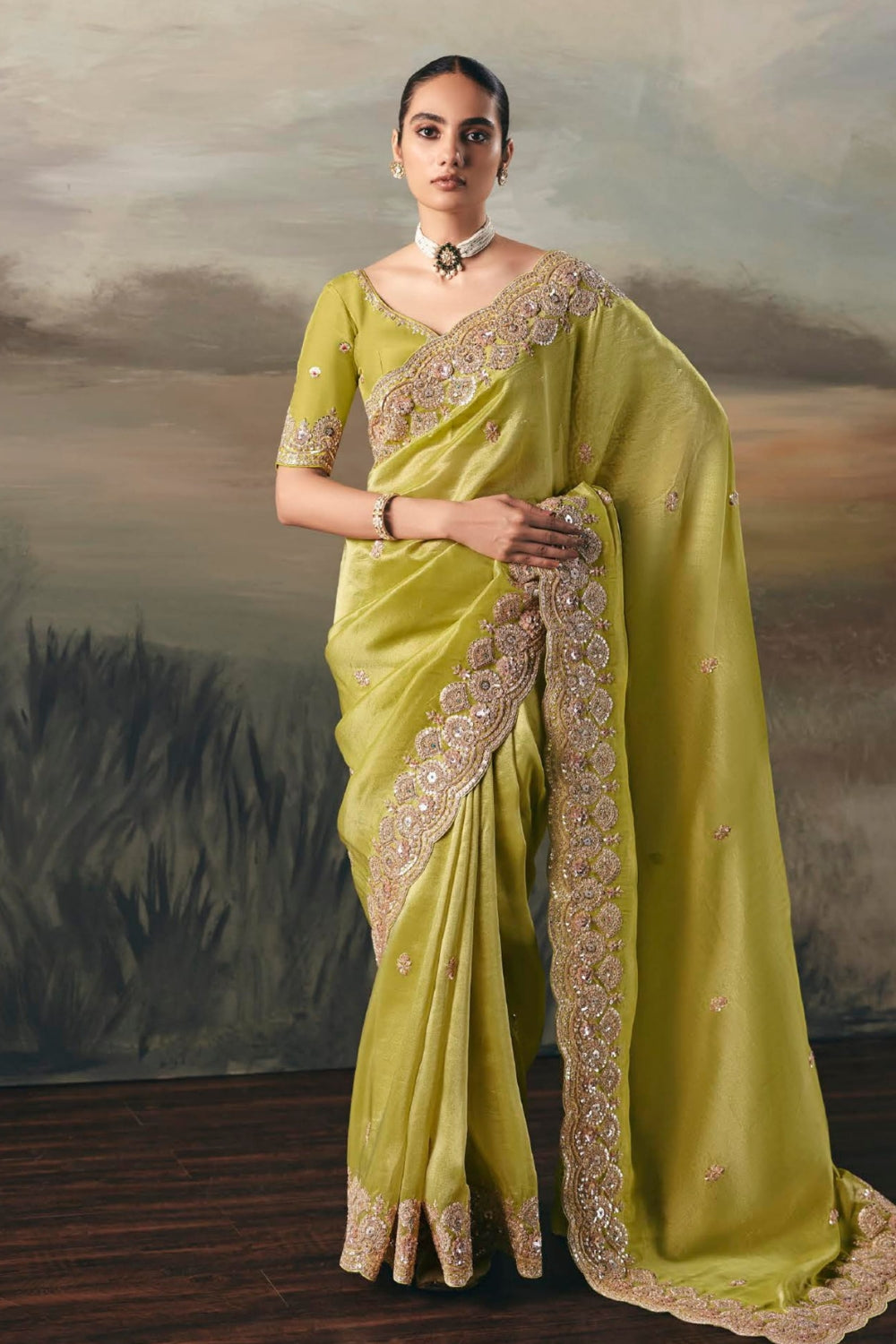 Green Tissue Saree with Mirror and Thread Work