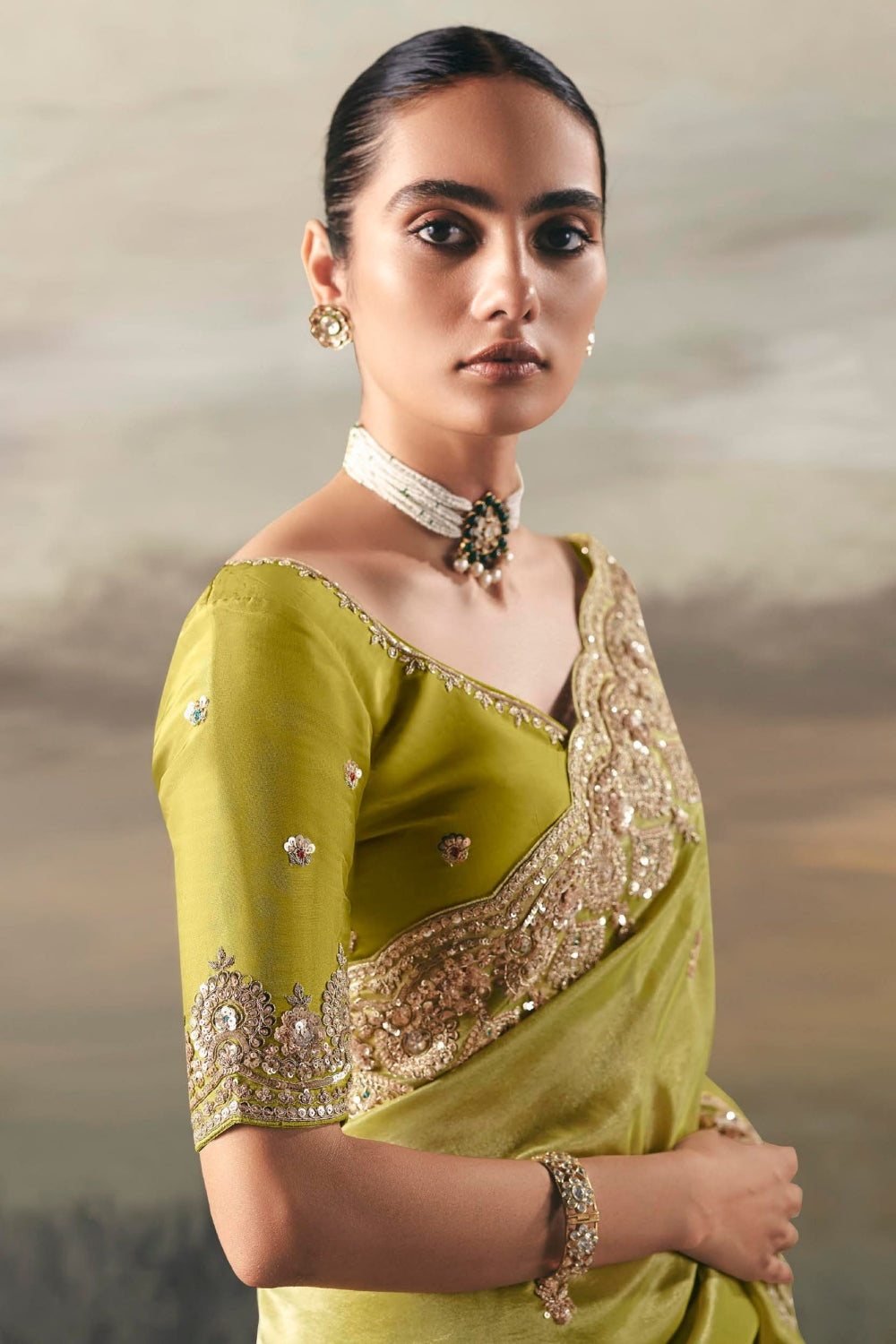 Green Tissue Saree with Mirror and Thread Work