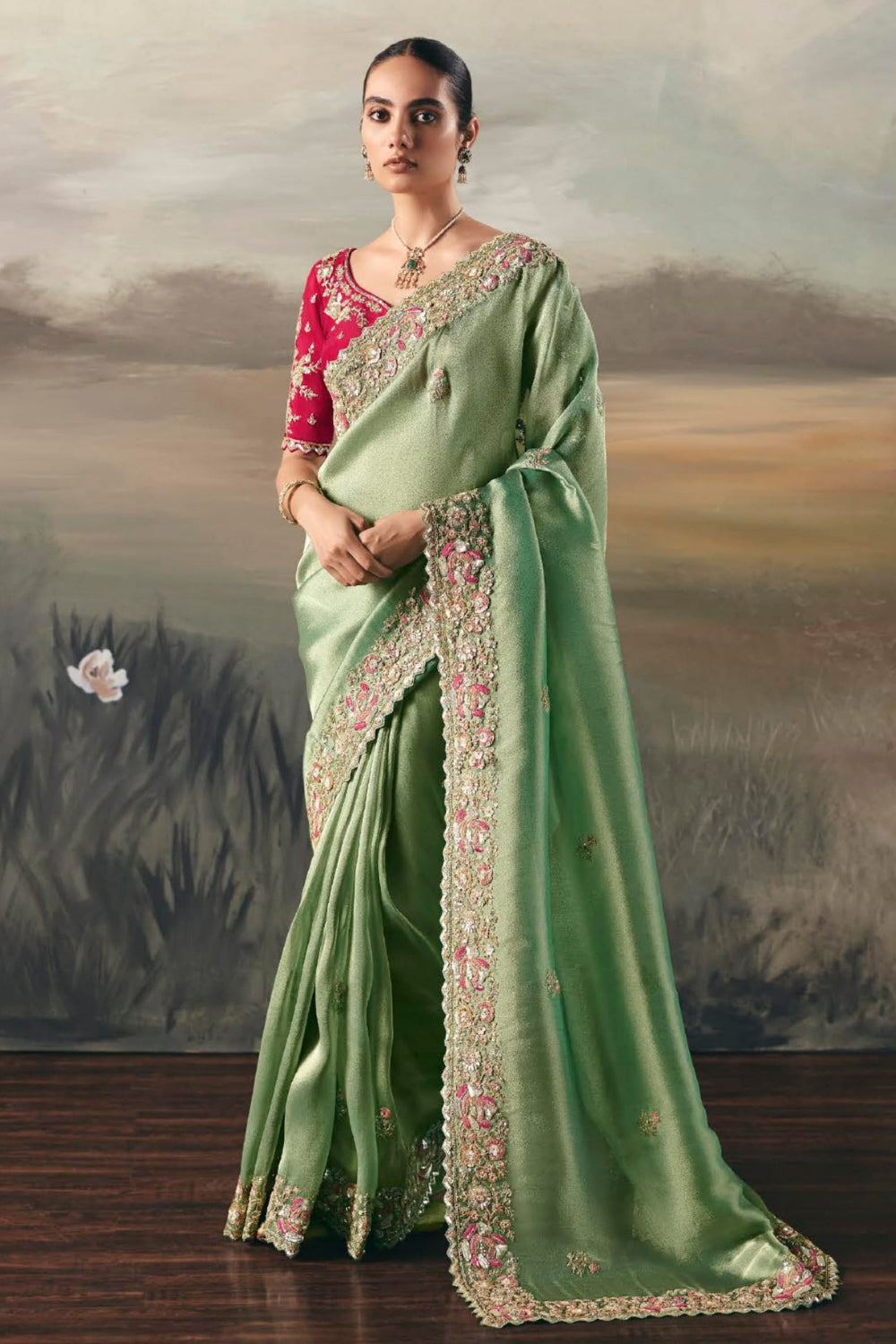 Green Tissue Saree with Mirror and Thread Work