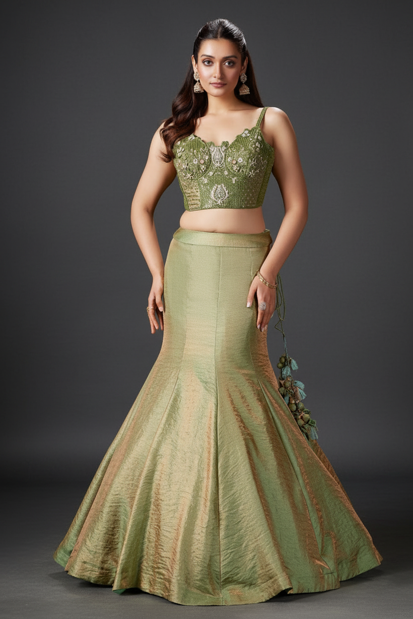 Green Tissue Silk Fish-Cut Lehenga with Cutdana and Sequin