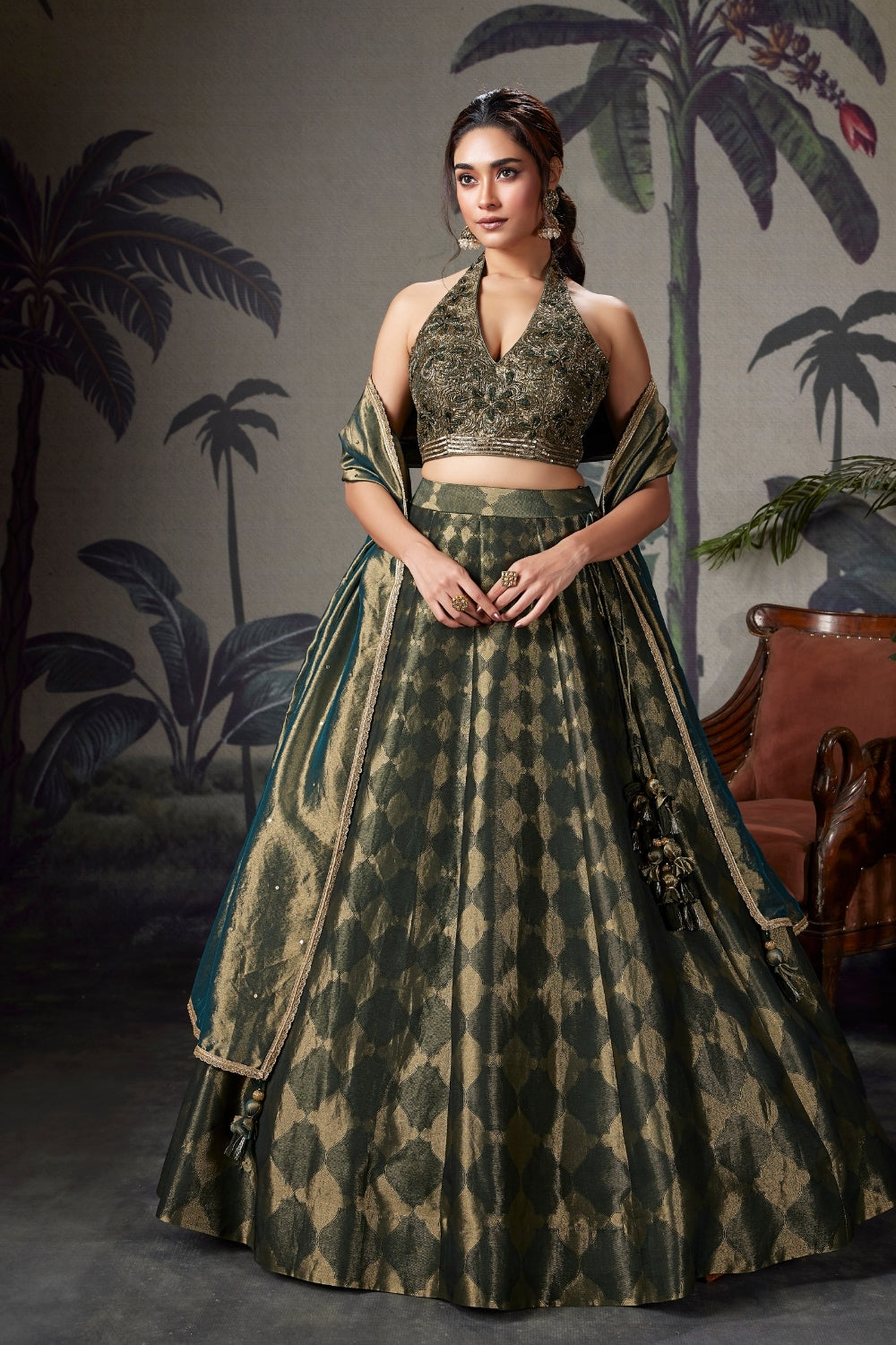 Green Tissue Silk Lehenga Set with Cutdana and Sequins