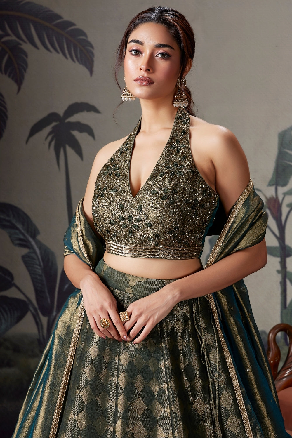 Green Tissue Silk Lehenga Set with Cutdana and Sequins