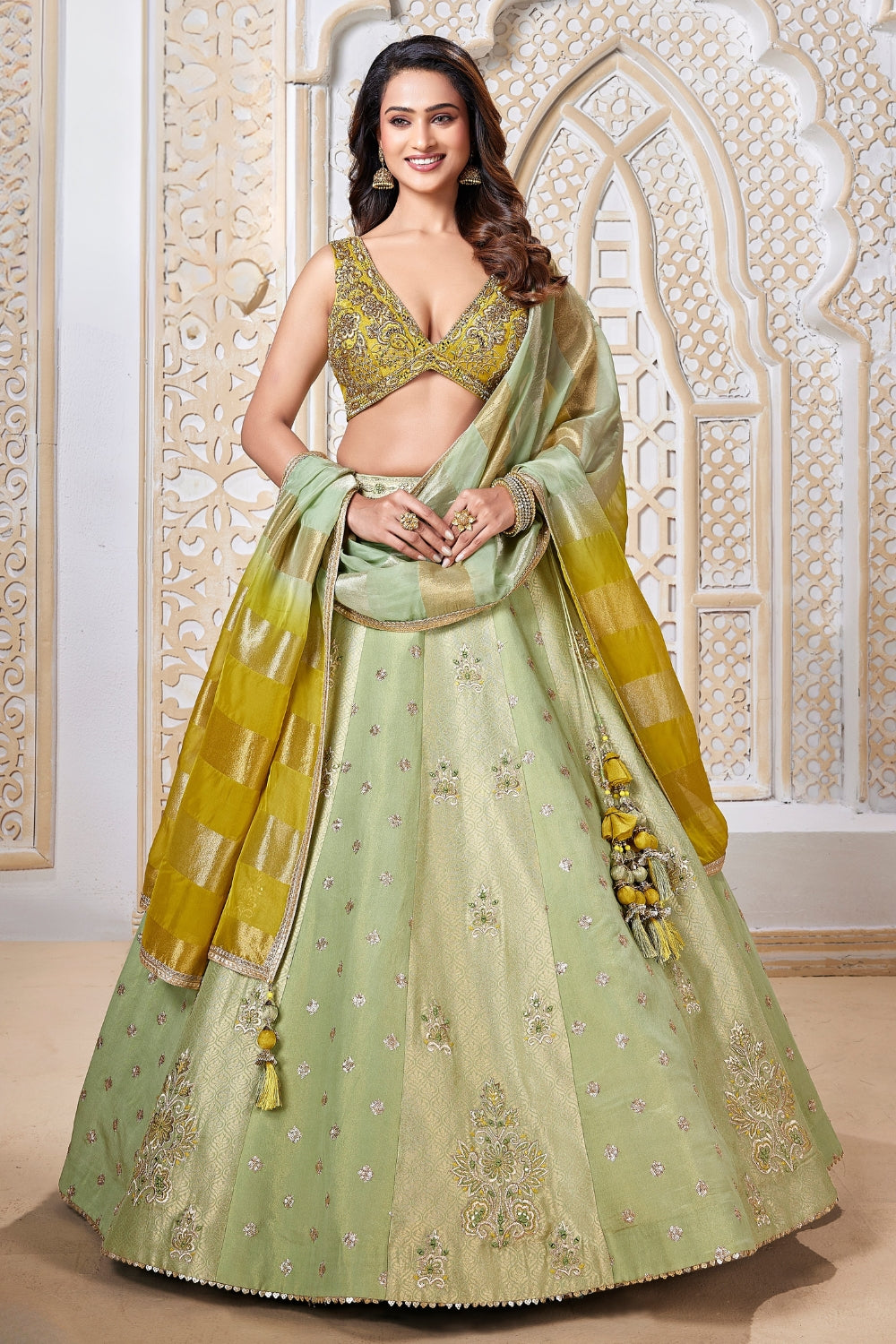 Green Tissue Silk Lehenga Set with Sequins and Embroidery Work