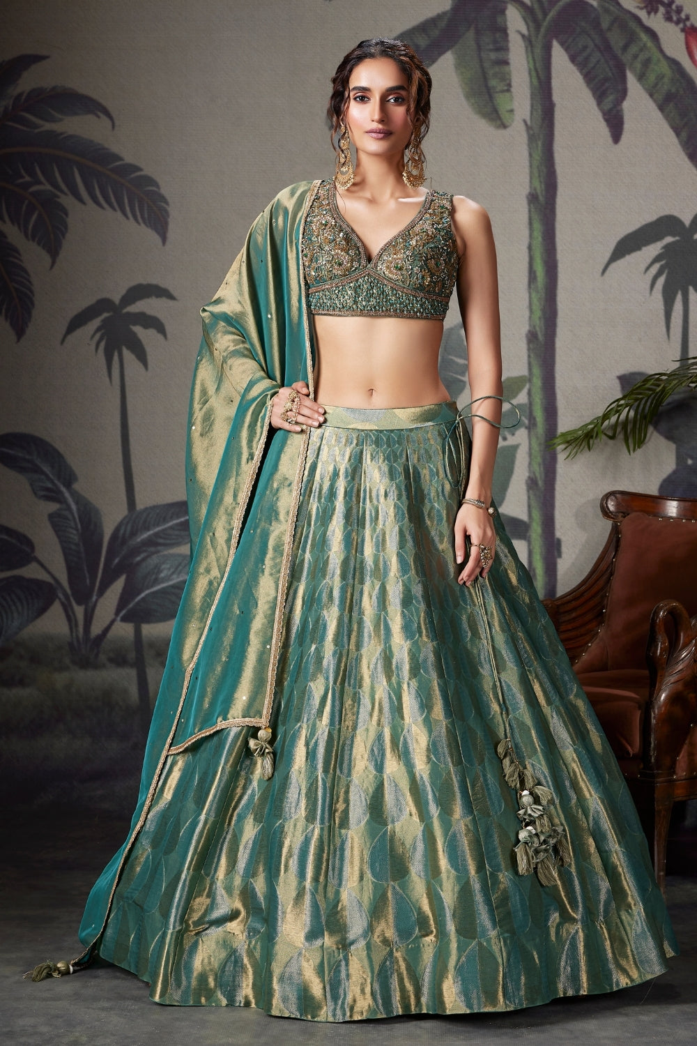 Green Tissue Silk Lehenga Set with Zardosi Work