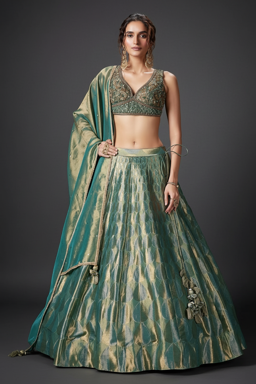 Green Tissue Silk Lehenga Set with Zardosi Work