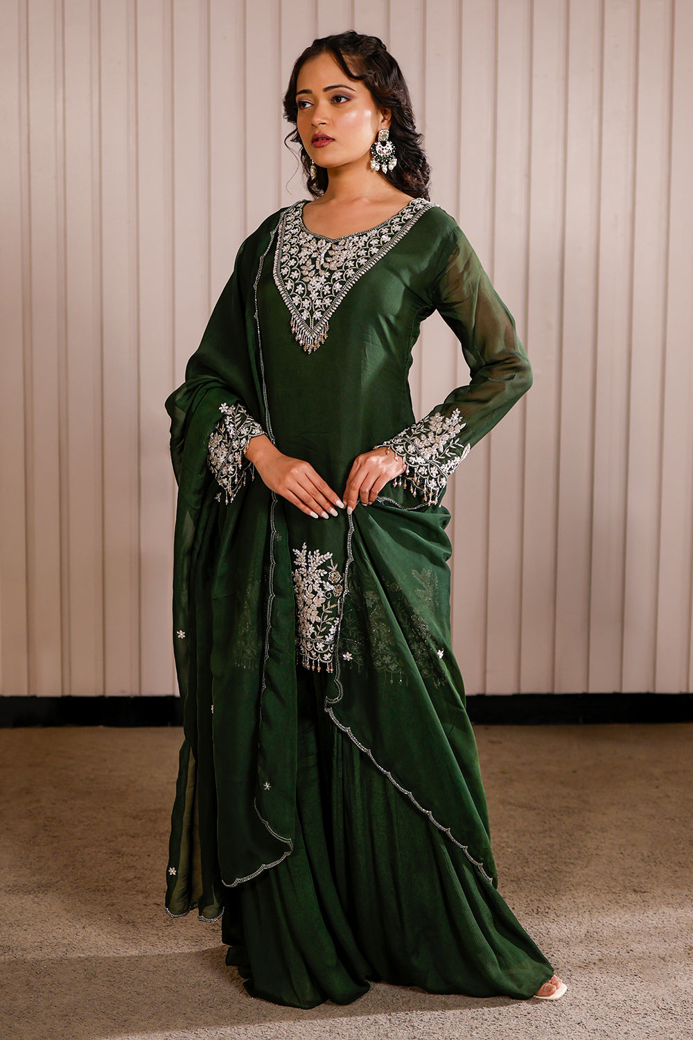 Green Georgette Sharara Set with Silver Gota Patti & Embroidery