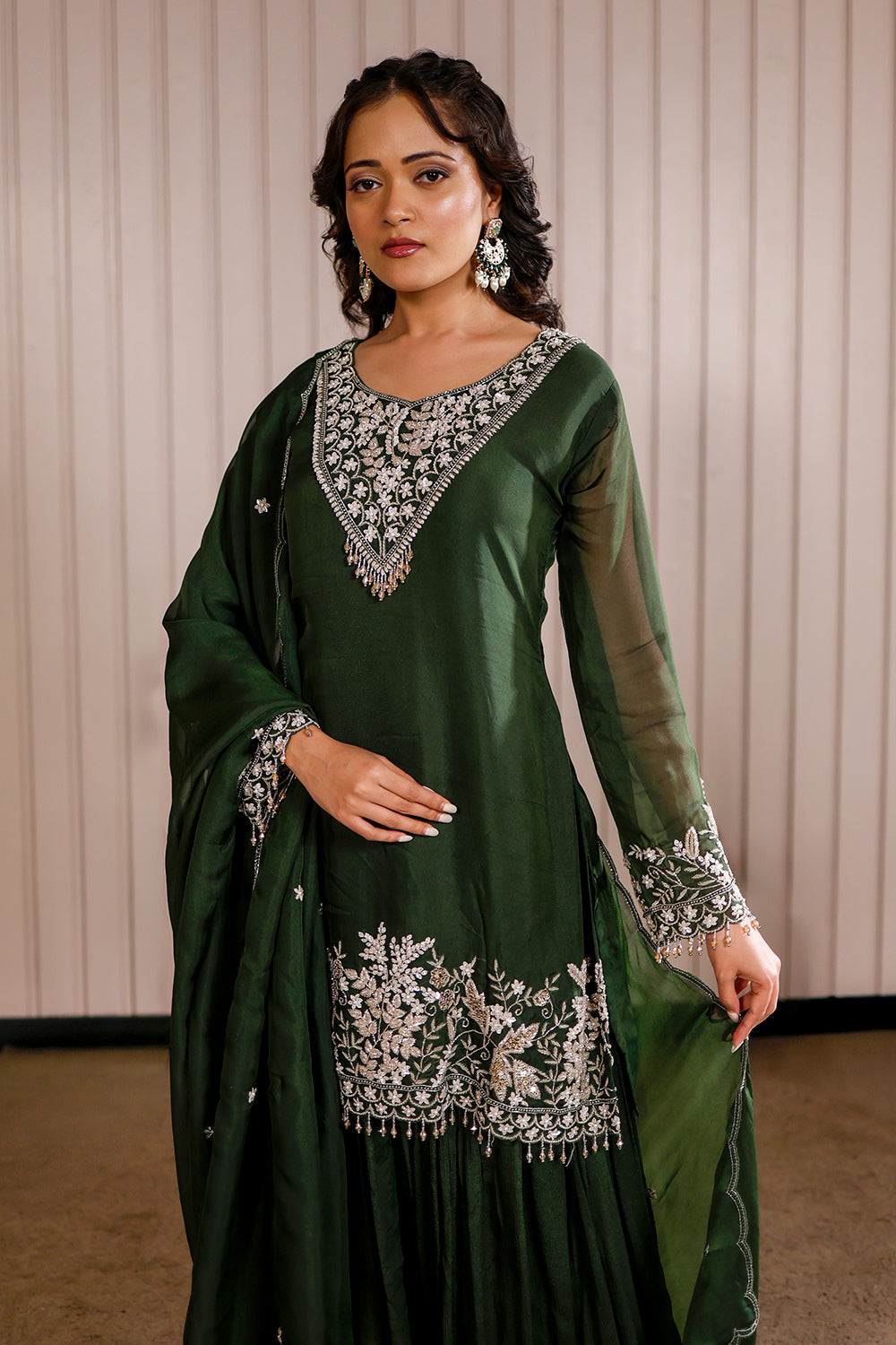 Green Georgette Sharara Set with Silver Gota Patti & Embroidery