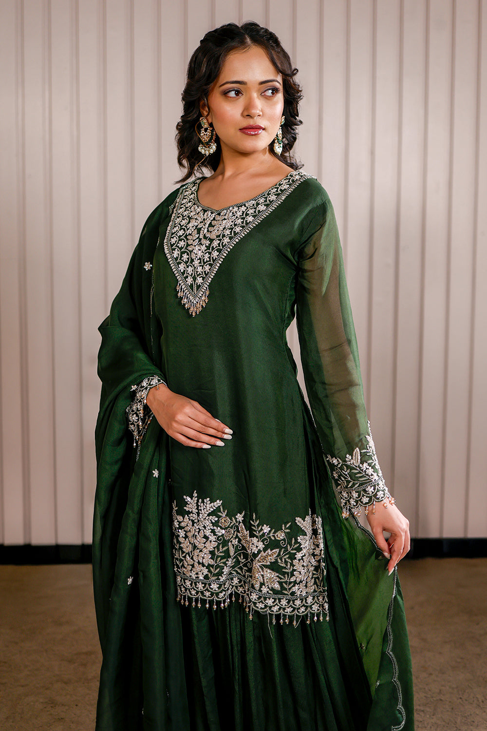 Green Georgette Sharara Set with Silver Gota Patti & Embroidery