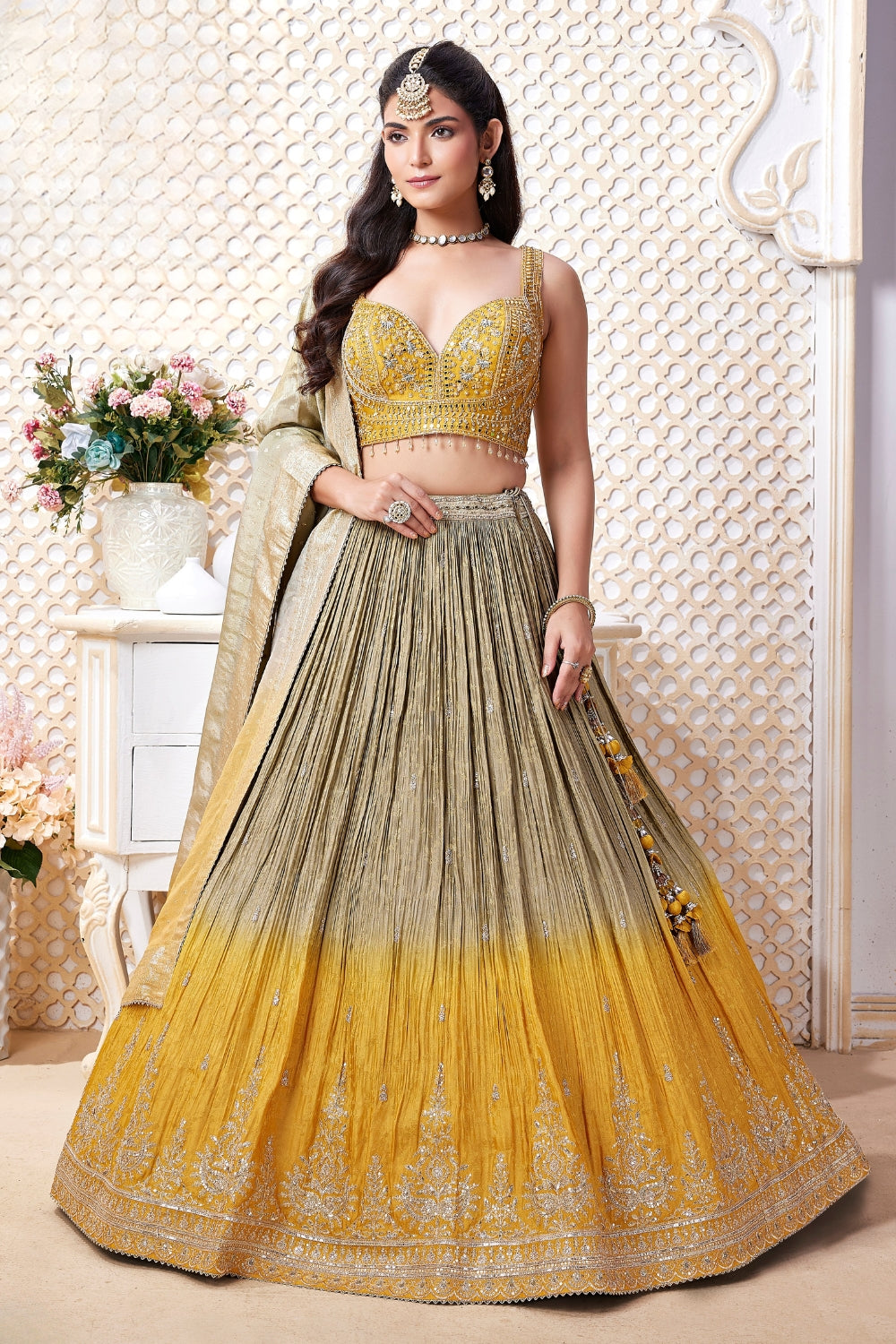 Green and Yellow Chinon Lehenga Set with Sequins and Embroidery Work