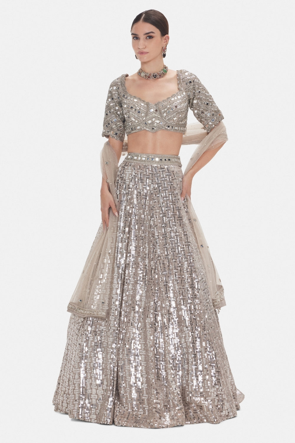 Grey Georgette Lehenga Set with Sequins and Moti Work