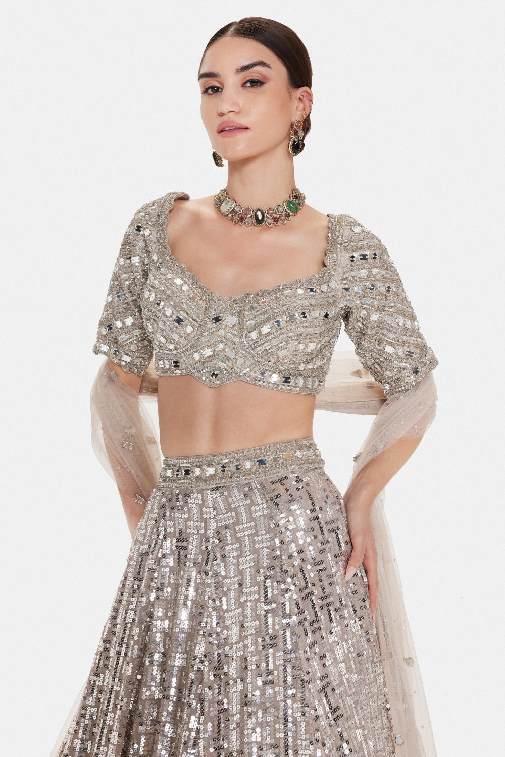 Grey Georgette Lehenga Set with Sequins and Moti Work